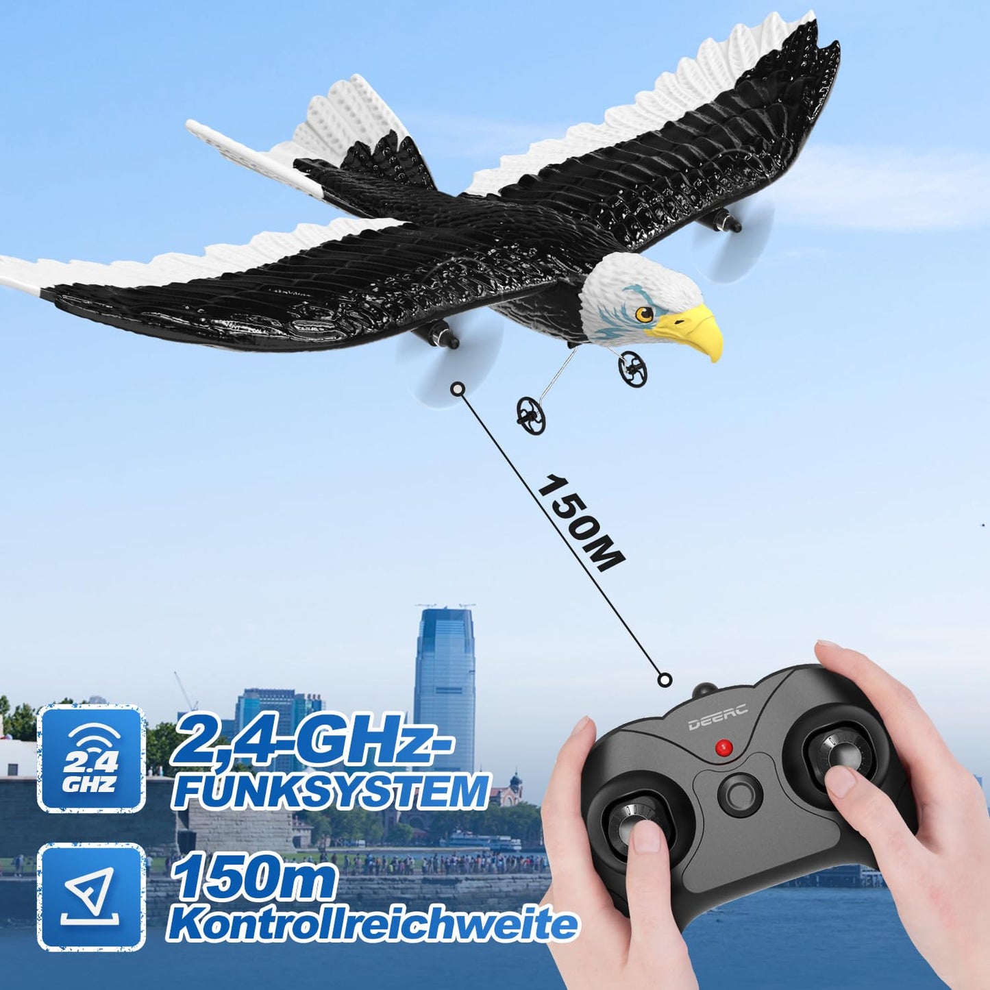 DEERC FX651 RC airplane, remote controlled eagle airplane for beginners, RC eagle outdoor with 6-axis gyro stabilizer, 2.4 GHz 2Ch flying bird with 2 flight batteries and propeller, for kids, boys