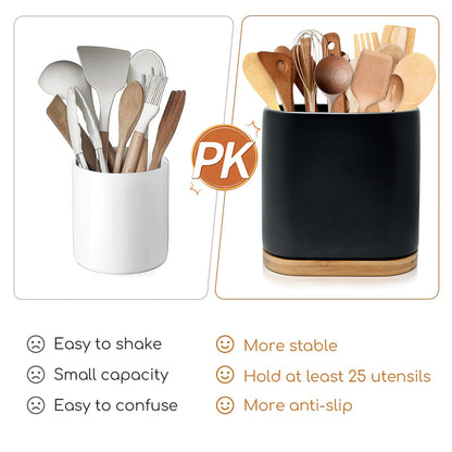 VIREESR Large ceramic countertop utensil holder, kitchen utensil holder with bamboo wood base, cooking utensil holder, easy to clean, tool pot, kitchen tool holder for spatulas and.