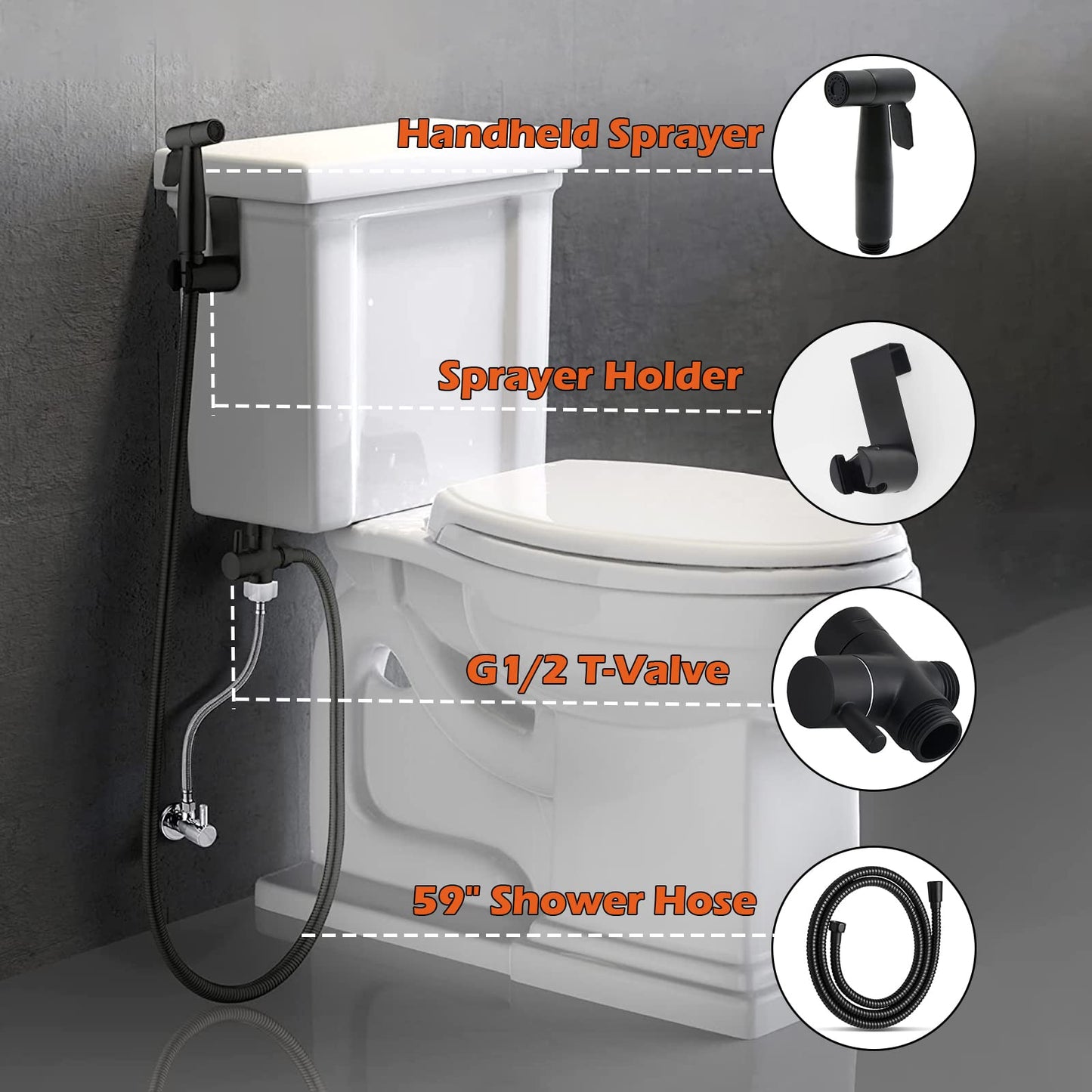 Bidet sprayer set, premium brushed stainless steel bidet sprayer, with G1/2" valve and G3/8" adapter for shower bathroom hygiene toilet paper diaper cleaning (black).