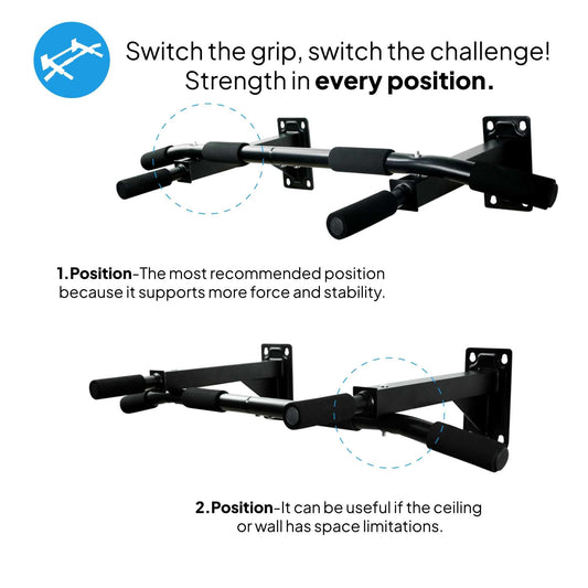 OcioDual wall-mounted chin-up bar for pull-ups, dips, back exercises, up to 200 kg, glossy black, gym, home gym, sturdy