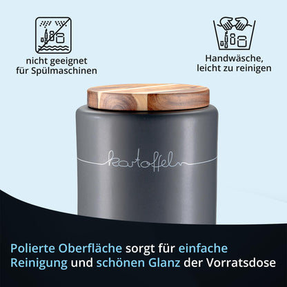 KHG Potato Onion Garlic Storage 3pc Set, Ceramic Stoneware polished, Charcoal Gray Wood Lid Bamboo, Ornate Script, Capacity 3L & 1.5L