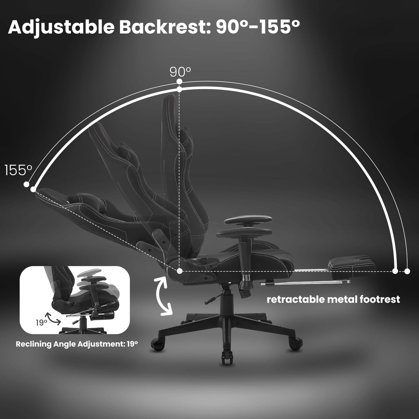 WOLTU Gaming chair fabric for summer, breathable office chair gaming chair ergonomic with lumbar pillow, gamer chair racing PC chair with rocking function & footrest live streaming swivel chair black