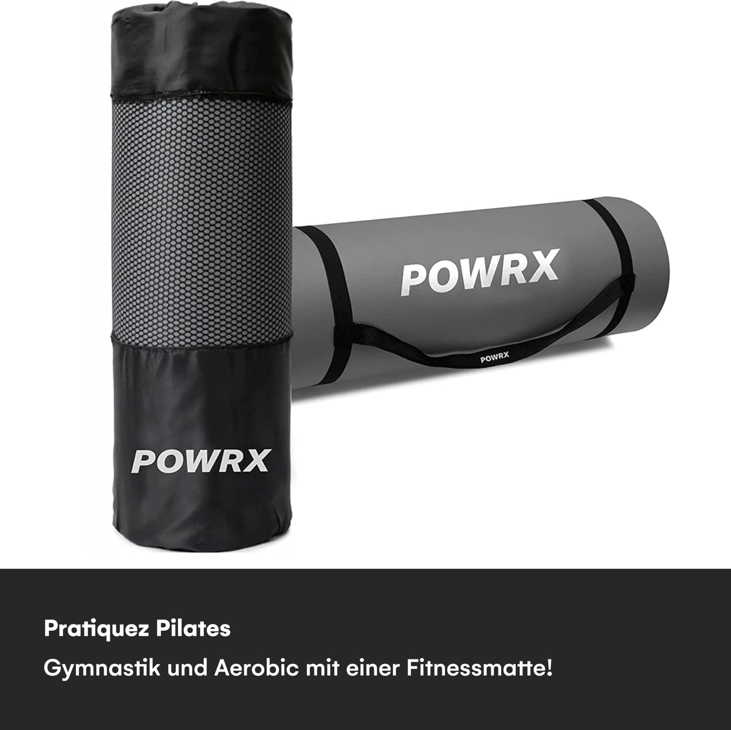 POWRX Gymnastics Mat I Yoga Mat (Gray, 190 x 60 x 1.5 cm) incl. carrying strap + bag + FREE exercise poster I skin-friendly sports mat, non-slip, phthalate-free.