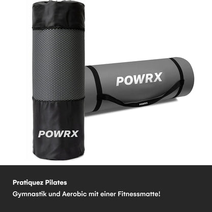 POWRX Gymnastics Mat I Yoga Mat (Gray, 190 x 60 x 1.5 cm) incl. carrying strap + bag + FREE exercise poster I skin-friendly sports mat, non-slip, phthalate-free.