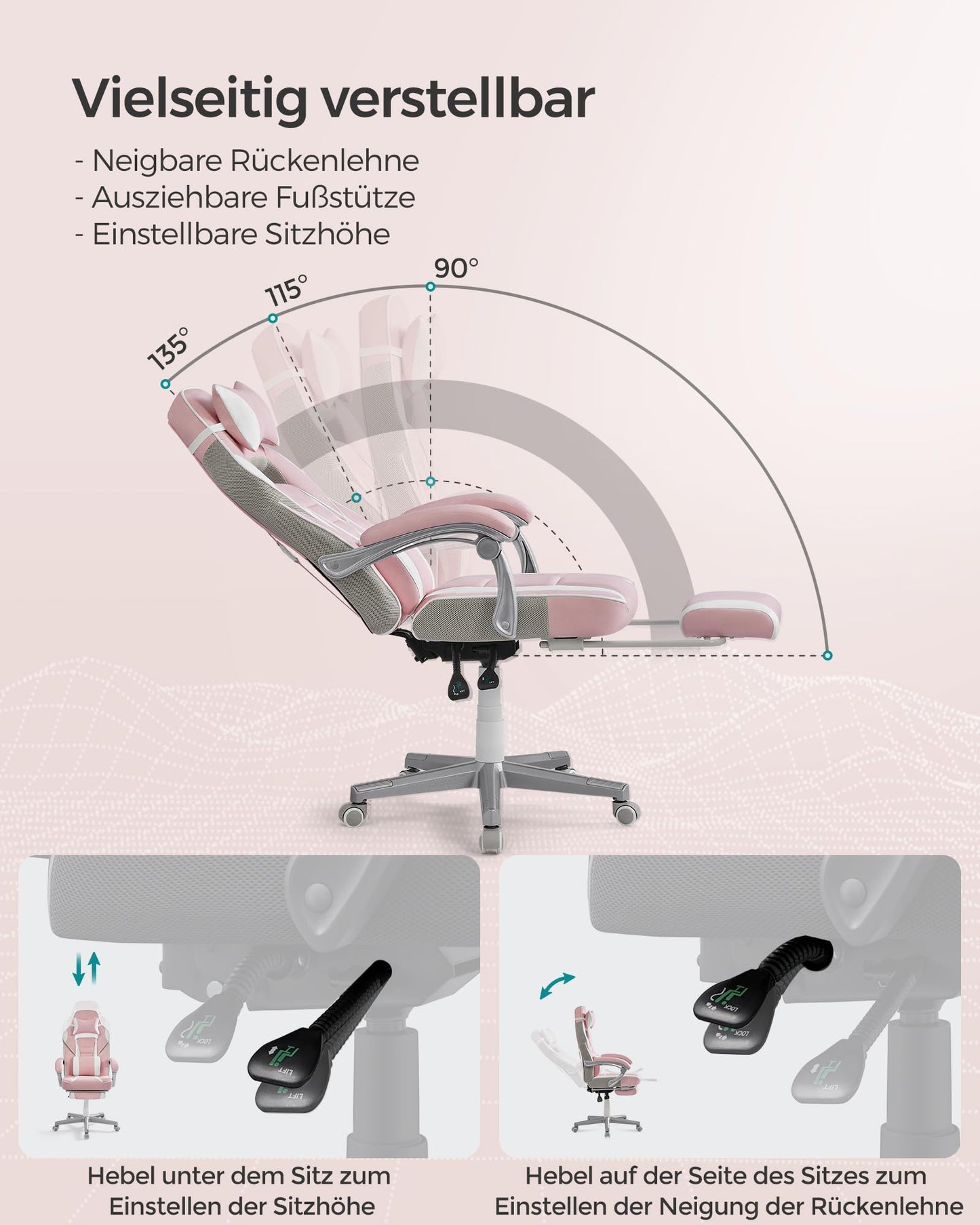 SONGMICS Office Chair with Adjustable Footrest, Headrest, Lumbar Pillow, Height Adjustment, Ergonomic Design, Reclining Backrest, Supports up to 150 kg, Pastel Pink and Cream White OBG073P01