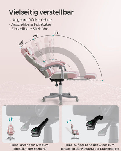 SONGMICS Office Chair with Adjustable Footrest, Headrest, Lumbar Pillow, Height Adjustment, Ergonomic Design, Reclining Backrest, Supports up to 150 kg, Pastel Pink and Cream White OBG073P01