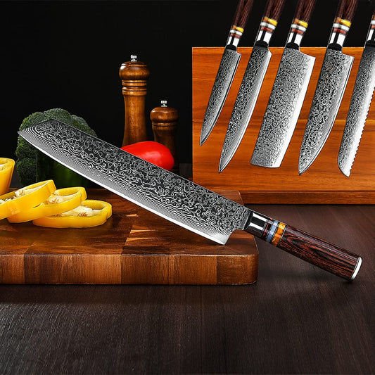 FANTECK 24cm Kiritsuke Damascus Knife Chef Knife Sharp Professional Chefmade Meat Fruit Gyuto Utility Knife 67 Layers VG-10 Damascus Steel Kitchen Knife [Gift Box] with Ergonomic Pakkawood Handle