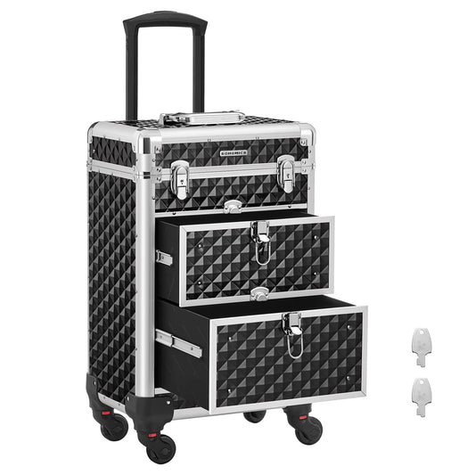 SONGMICS Cosmetic Case Trolley, Makeup Case with 2 Drawers, Large Hairstylist Case, Makeup Case, 34 x 24 x 56 cm, 360° Rotating Wheels, Travel, Hairstylists, Gift Idea, Black JHZ08BK.