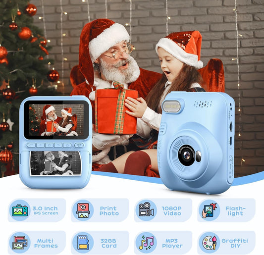 GREENKINDER Instant Camera for Kids,14MP 3.0 Inch Screen Kids Camera Instant Camera with 32G Card,Printing Paper & Colored Pens,1080P Kids Camera Instant Print, 3-12 Years