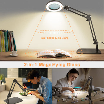 Jubor 2-in-1 Magnifying Glass with Light and Stand, 15X 10X LED Magnifier Lamp with Clamp and Base, Desk Lamp with 3 Color Modes Dimmable, LED Magnifying Lamp for Hobby Crafting, Repair, DIY