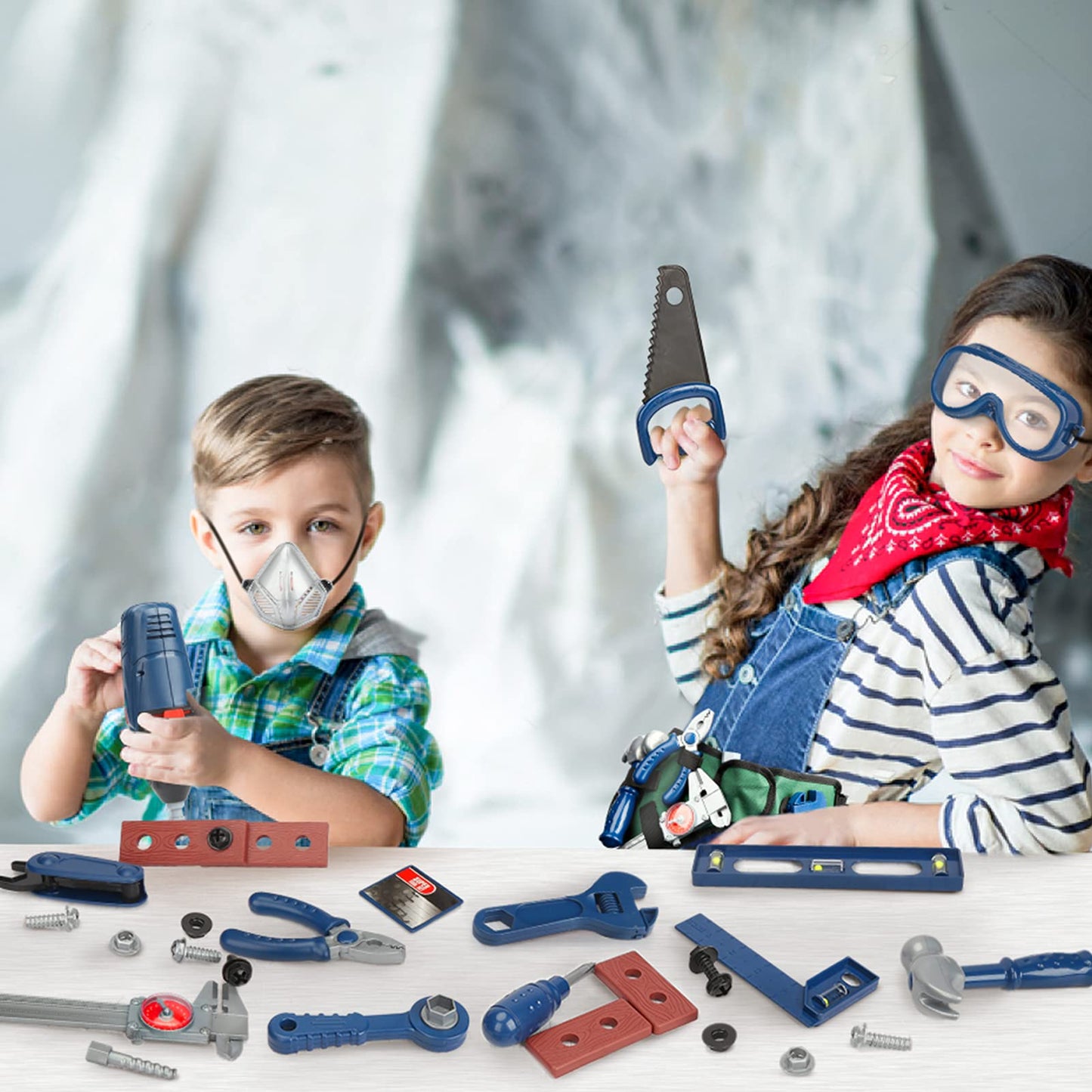 Vanplay Tool Set for Kids with Tool Box Electric Toy Drill Tool Belt Children's Toys for 3 4 5 6 7 Year Old Boys Girls Kids (52pcs)