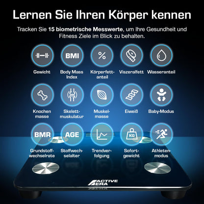 Active Era Body Fat Scale - Digital Bathroom Scale with App - Smart Bluetooth Scale for Body Analysis - Body Fat, BMI, Weight (max. 180 kg), Muscle Mass, Water, Protein, Bone Weight - Black