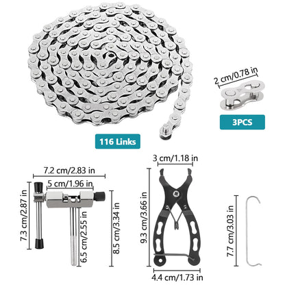 ROSE KULI Bike Chain - 6/7/8 Speed Bike Chain 1/2 x 3/32 Inch 116 Links, bike chain tool set with chain link pliers, chain breaker, and 4 pairs of chain links.