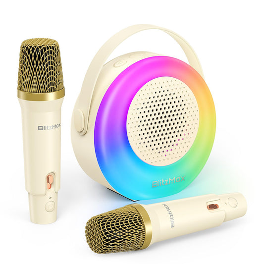 BlitzMax Kids Karaoke Machine Portable Bluetooth Mini Karaoke Speaker with 2 Microphones, Lights, and Sound for Girls Boys Adults Home Party Birthday Gifts (Beige)