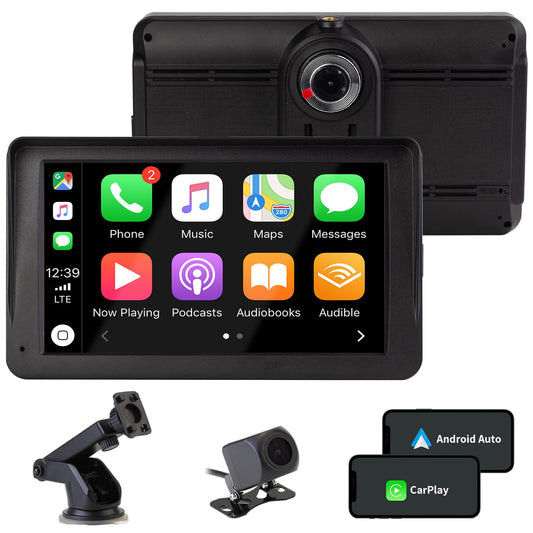 Wireless CarPlay & Android Auto, 7-inch Carplay display with 2K front camera, 1080P rear camera, Bluetooth, Mirror Link, FM, AUX, TF card.