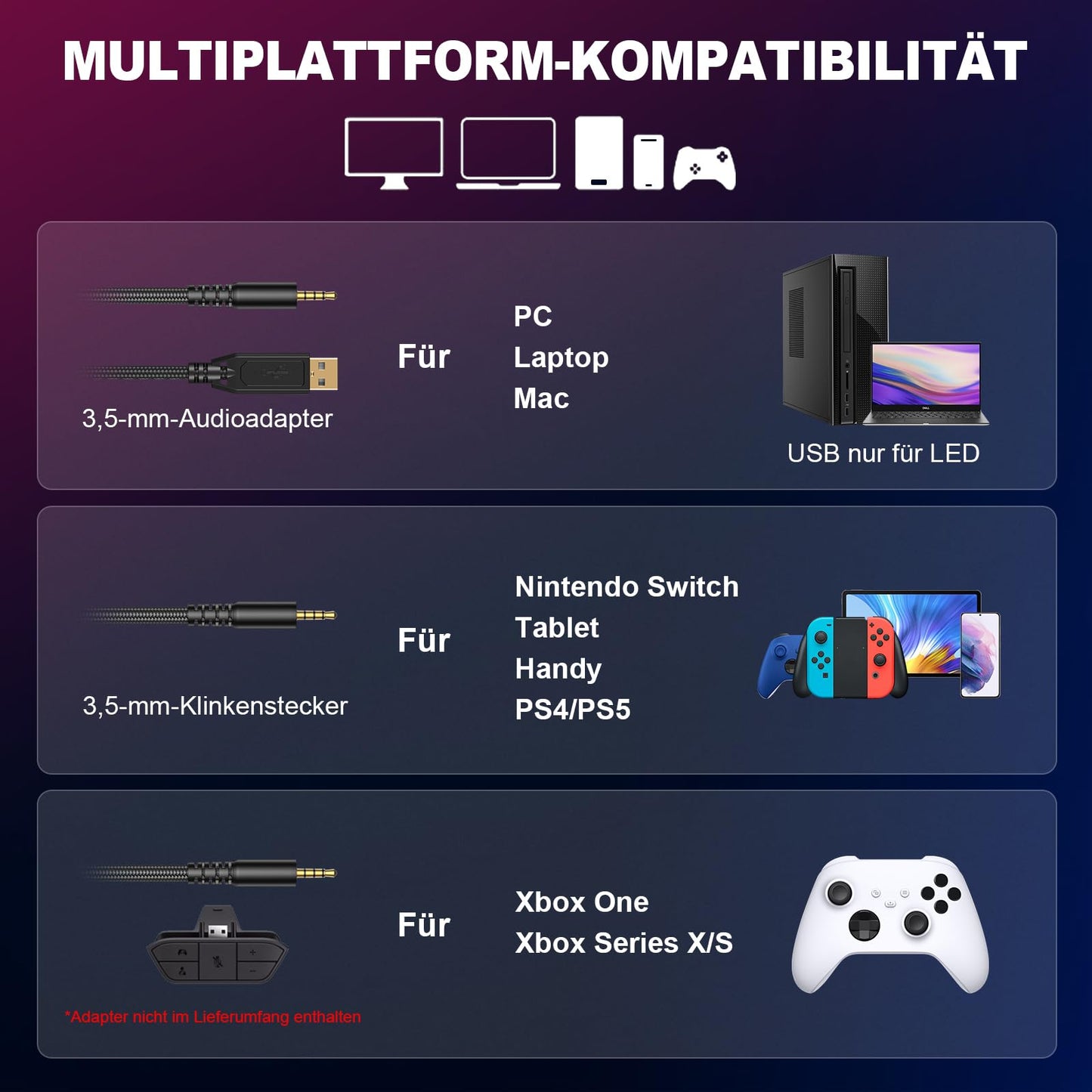 Krysenix PG1 RGB Gaming Headset for PS4, PS5, PC, Nintendo Switch, Xbox. Headset with microphone, gaming headphones with noise-canceling feature. 3.5mm jack in black.