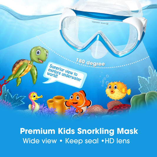 Kids snorkel set with dry snorkel & safety glass diving mask Soft liquid silicone kids diving mask Anti-fog snorkel set for kids 4-14
