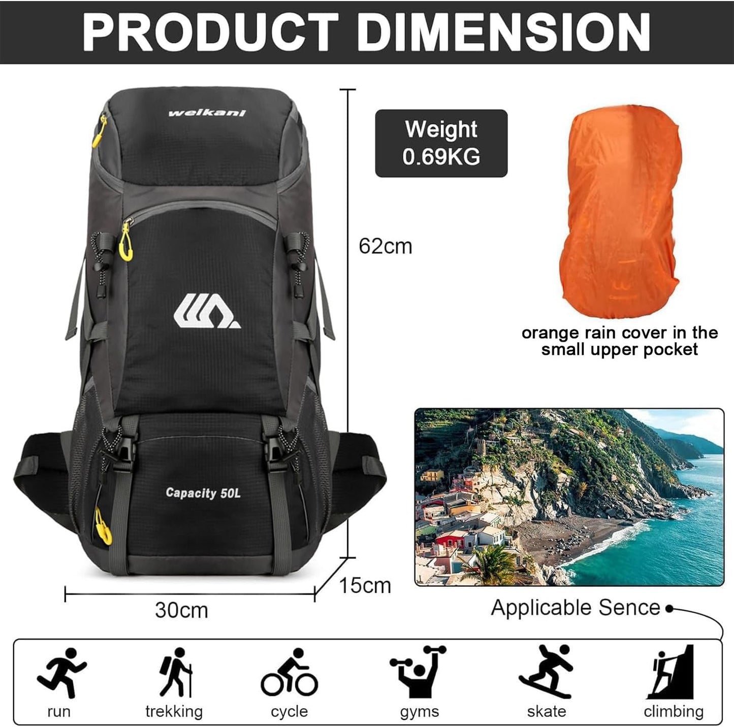 jianyana hiking backpack 50L trekking backpack rain cover travel backpack waterproof camping backpack for hiking camping mountaineering traveling sports men women