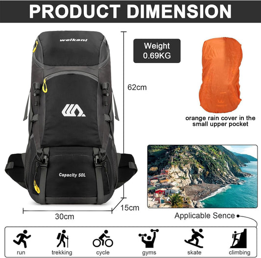 jianyana hiking backpack 50L trekking backpack rain cover travel backpack waterproof camping backpack for hiking camping mountaineering traveling sports men women