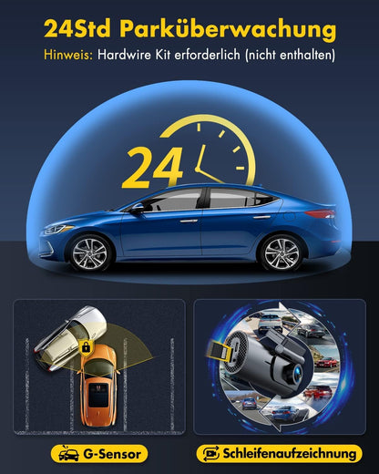 4K+1080P front and rear dash cam with 5GHz WiFi, 64GB SD card, parking monitoring, super night vision, WDR, 170° wide angle, G-sensor, loop recording, APP control, supports up to 256GB.