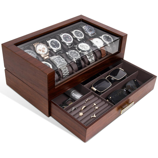 KAMIER Men's Watch Box with 12 compartments, Luxurious Large Real Wood Watch Box 2 Levels, Watch Case with removable watch cushions and drawer, Premium Watch Case with glass cover (with gift box)