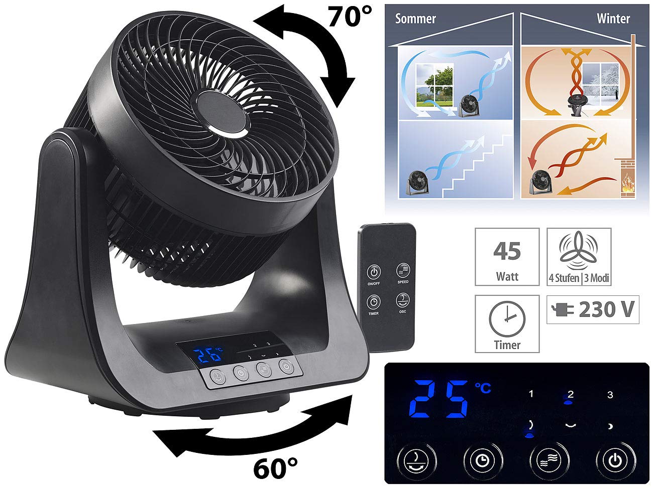 Sichler Household Appliances 3D Fan: Digital 3D Robot Room Fan and Air Circulator, 45 Watts, Ø 21 cm (standing fan, 3D turbo fan, air conditioner)