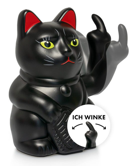 ANGRY CAT - Lucky CAT - Funny waving cat - Japanese waving cat with middle finger - Decorative wobble figure cat - Waving arm with middle finger - 15cm - BLACK-MATT