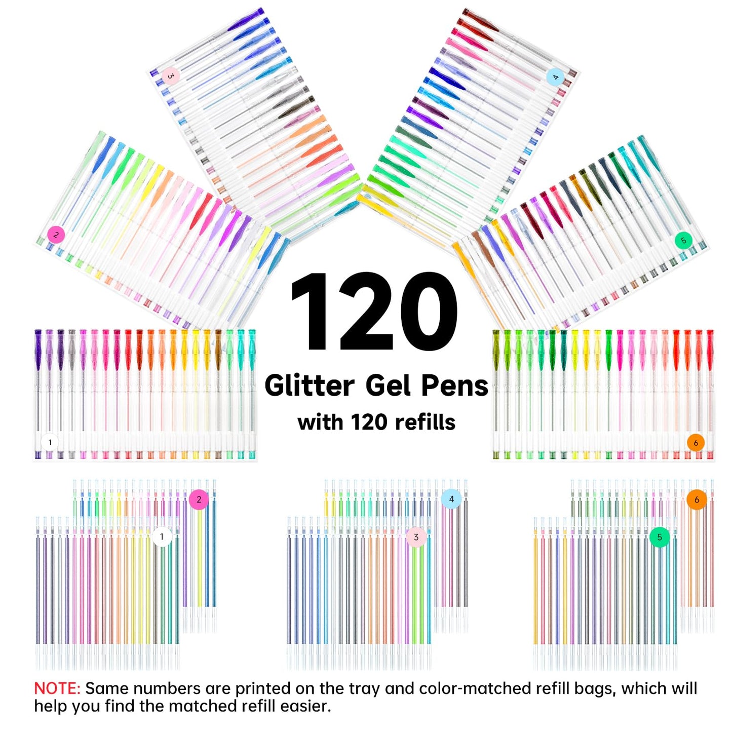 Shuttle Art Glitter Gel Pens, 240-piece gel pen set with 120 colorful glitter gel pens and 120 replacement refills, for adults and kids on coloring books for highlighting, drawing, writing.