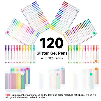 Shuttle Art Glitter Gel Pens, 240-piece gel pen set with 120 colorful glitter gel pens and 120 replacement refills, for adults and kids on coloring books for highlighting, drawing, writing.