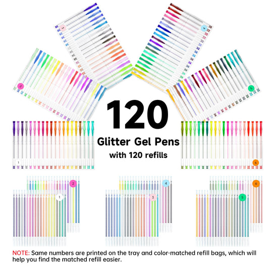Shuttle Art Glitter Gel Pens, 240-piece gel pen set with 120 colorful glitter gel pens and 120 replacement refills, for adults and kids on coloring books for highlighting, drawing, writing.