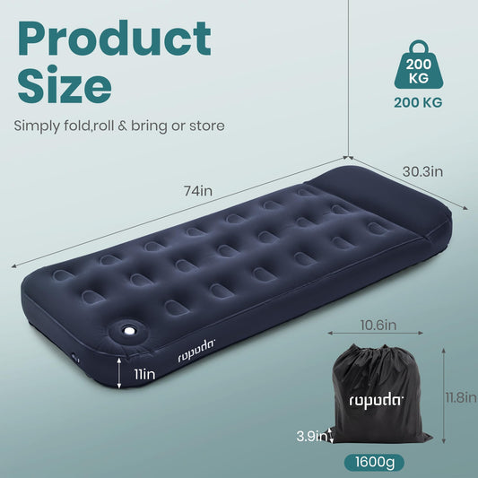 ROPODA Single Air Bed, Camping Mat, Inflatable Camping Mattress for outdoor and indoor use, built-in foot pump, flocked surface for adults, teenagers, and children, 188 x 77 x 28 cm (Blue)