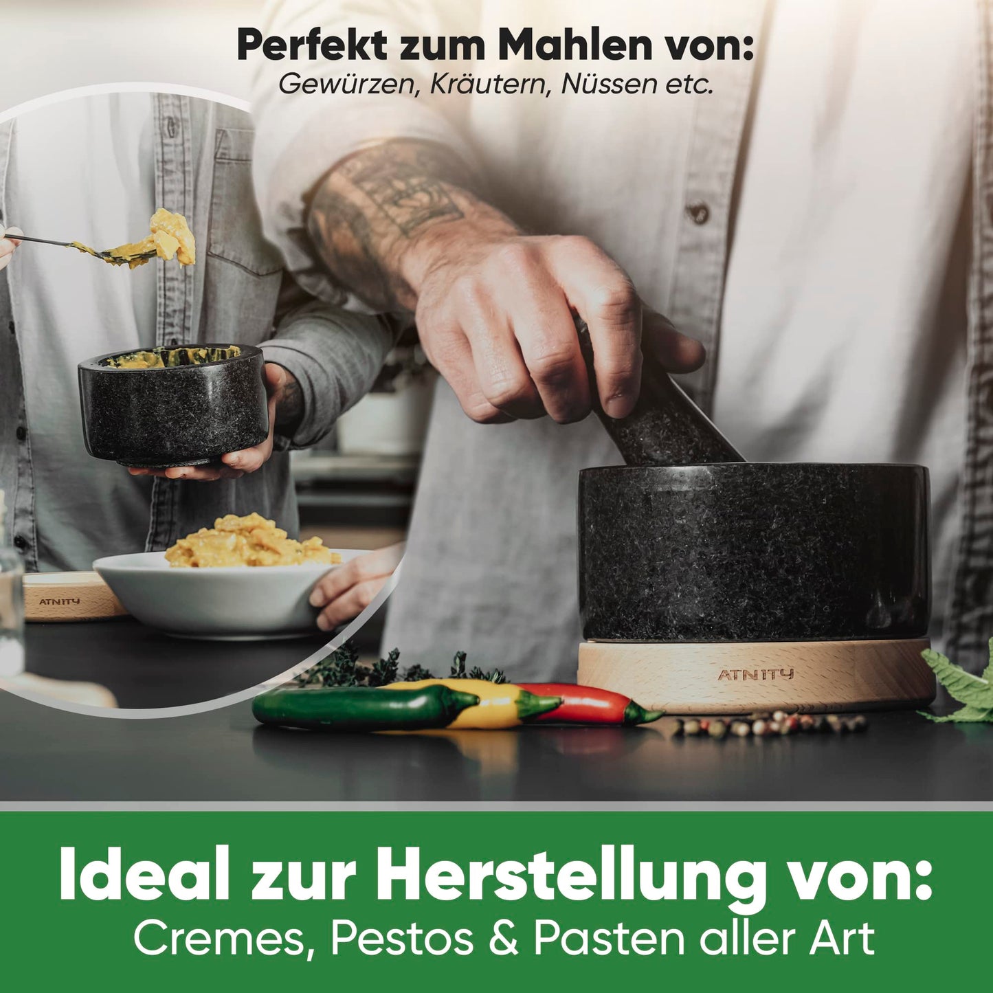 ATNITY Granite Mortar and Pestle Ø 14.5cm - Stone mortar with extra long pestle - Mortar on elegant and stable beech wood base with silicone cover and cleaning brush included in set.