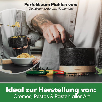 ATNITY Granite Mortar and Pestle Ø 14.5cm - Stone mortar with extra long pestle - Mortar on elegant and stable beech wood base with silicone cover and cleaning brush included in set.