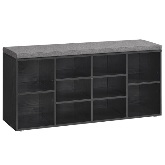 VASAGLE Shoe Bench, Shoe Rack with Seat, Storage Bench, well padded, Hallway Bench with 10 compartments, adjustable shelves, for Bedroom, 30 x 104 x 48 cm, black ebony LHS010B07