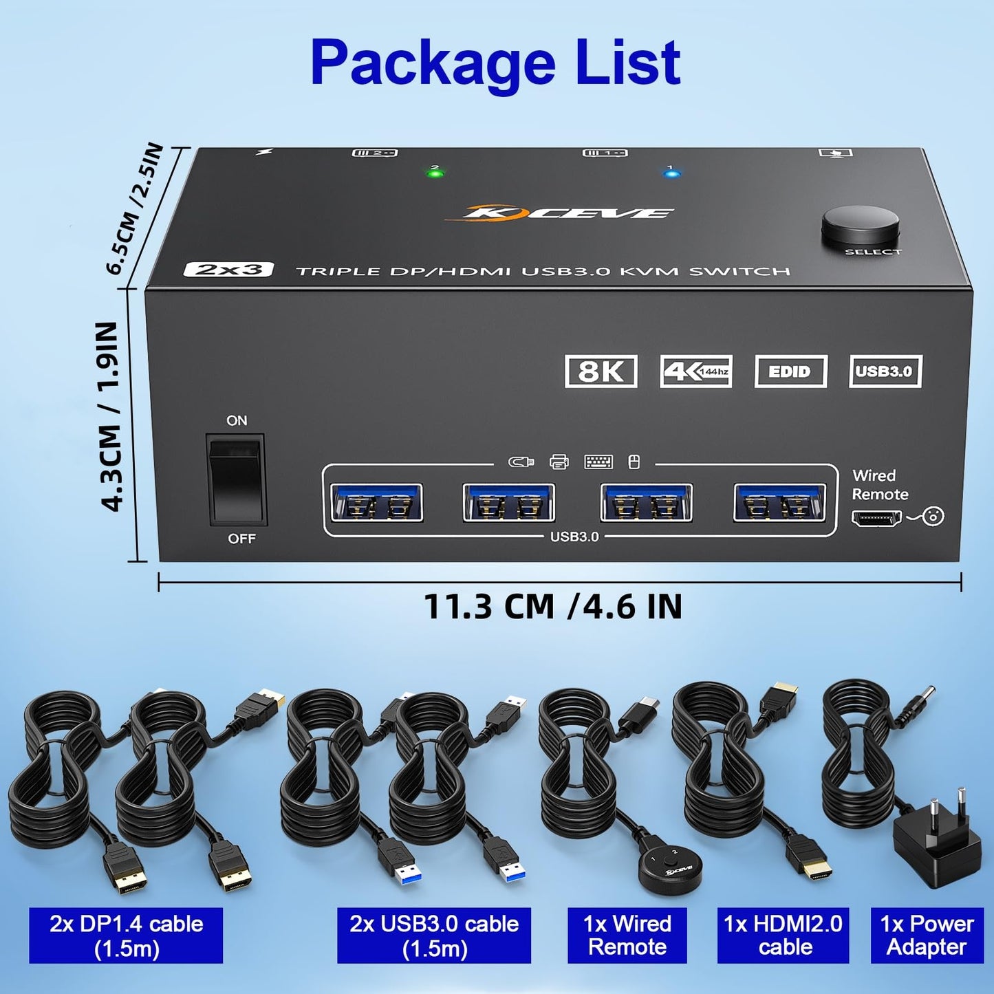 KVM Switch for 2 PCs, 3 monitors at 4K@144Hz and 8K@60Hz. Triple monitor KVM switch with HDMI+2 DisplayPort for sharing 3 monitors and 4 USB 3.0 devices between 2 computers. Includes cable remote and 12V DC power supply.