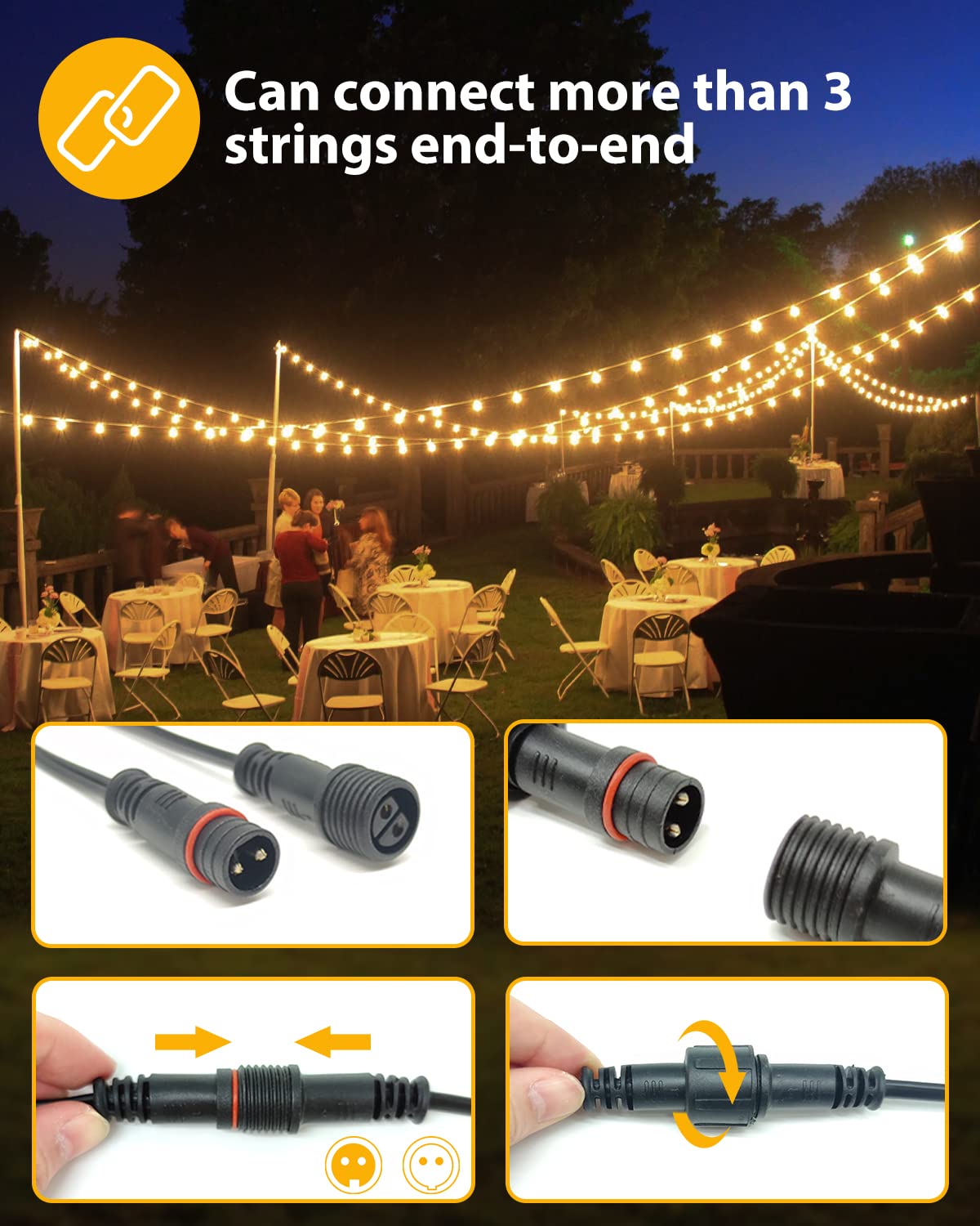 Woolmug outdoor string lights, 23m long with 30+3 G40 LED bulbs, waterproof for Christmas, wedding, and party decorations in warm white.