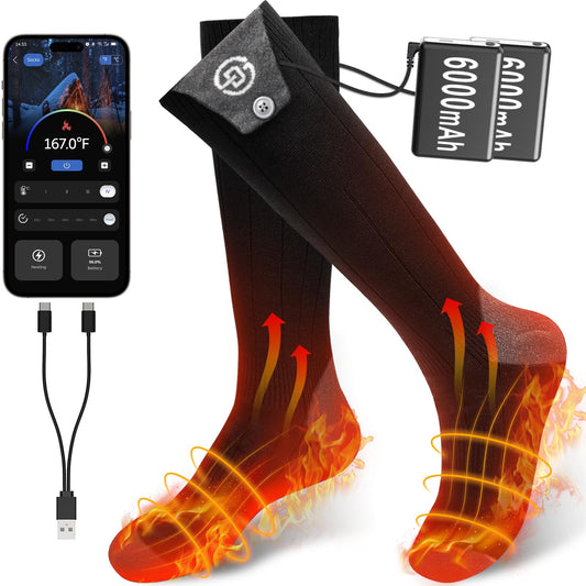 Youtelit Heated Socks with APP Control 6000mAh Foot Warmers Warm Socks Women Men Washable 4 Temperature Rechargeable Heated Socks for Skiing, Cycling, Fishing, Camping, Hiking