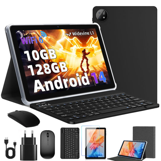 Rebecco 10-inch Tablet, Android 14 Tablet with Bluetooth 5.4, 12GB RAM+128GB ROM (expandable to 1TB), Octa-Core Android 14, 1280x800 IPS HD Touchscreen, WiFi 6, Dual Camera, 6000mAh battery, Widevine L1.