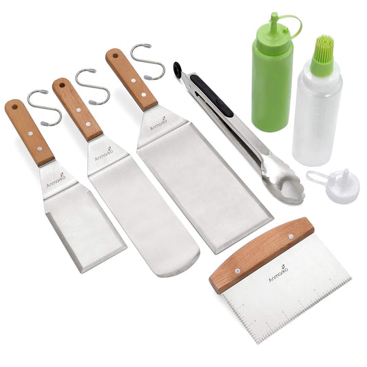 Stainless steel metal spatula set - grill scraper flat spatula pancake flipper hamburger turner - metal utensil perfect for BBQ grill flat top cast iron griddle - accessories