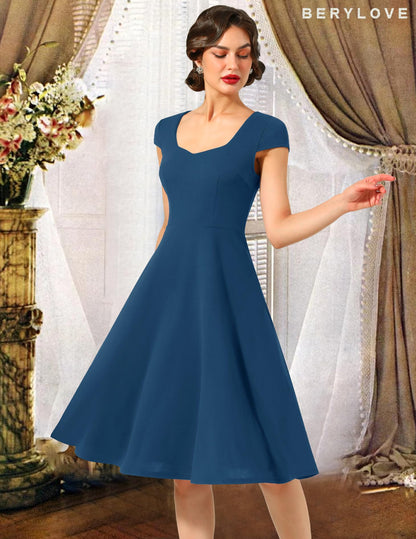 Berylove Evening Dresses Elegant Long Rockabilly Dresses Women Vintage Dress with Cutout 8009 Dusty Blue S