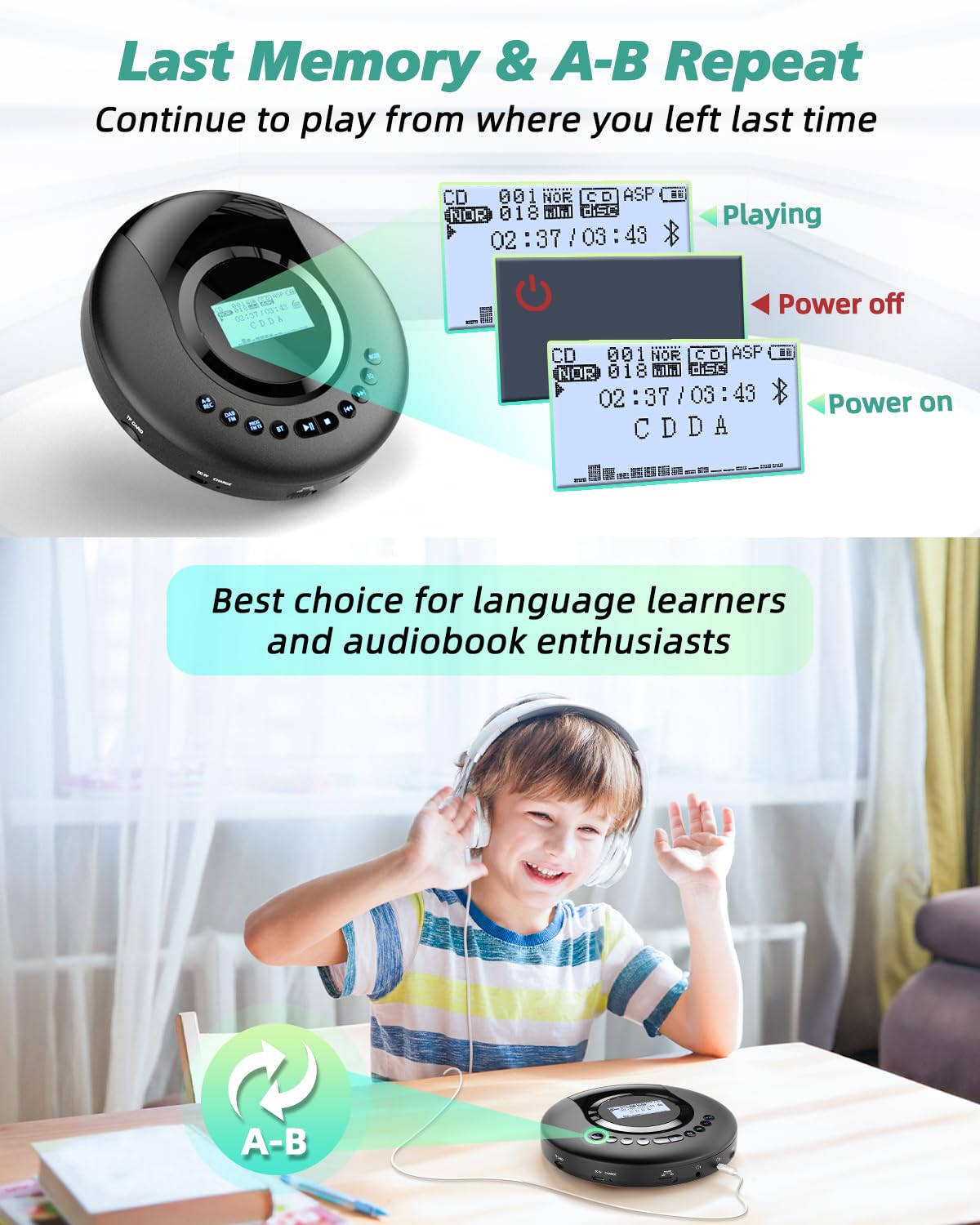 Arafuna Portable CD Player with DAB+/FM Radio, CD Player Bluetooth with Audiobook function, Discman for car, Anti-shock, built-in 2000mAH battery.