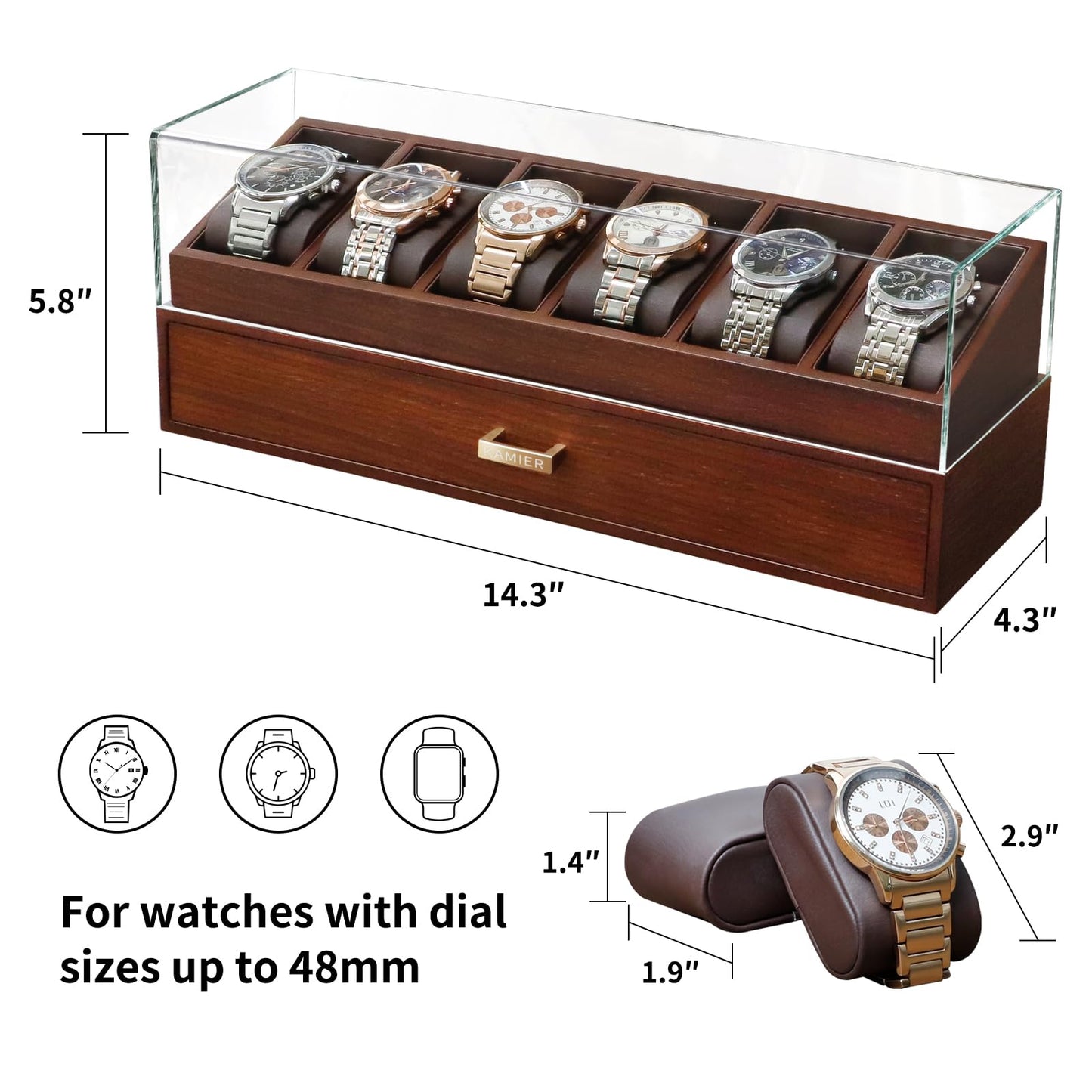 KAMIER Watch Box for Men, Luxurious Watch Case with 6 Compartments, 100% Real Wood Watch Organizer with Drawer, Jewelry Box for Men with Storage Box, Father's Day Gift, with Gift Box