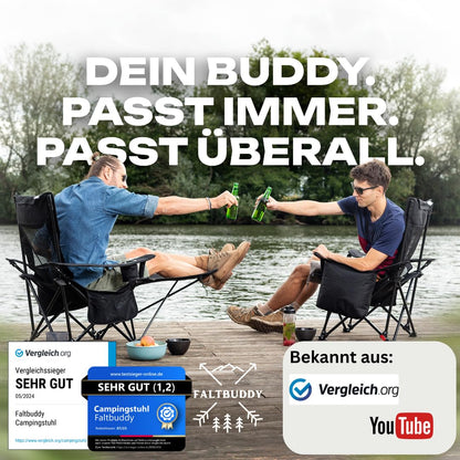 Faltbuddy® camping chair foldable & lounger collapsible 2in1 180kg black [XXL cooler bag] folding chair I collapsible chair I fishing chair camping lounger beach lounger foldable lightweight - angler beach festival outdoor