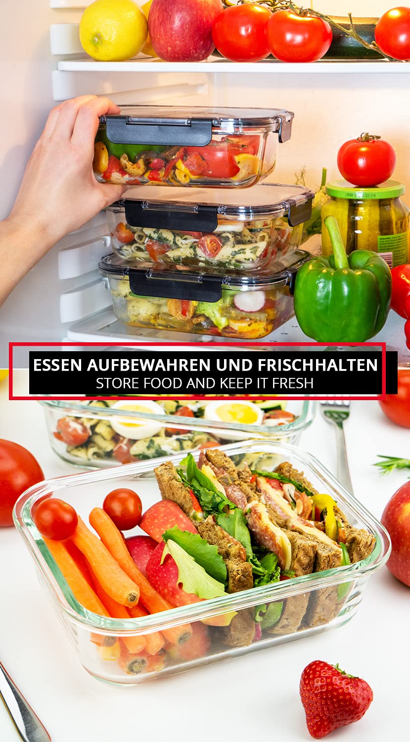 edallo NEW TRITAN - 3 large food storage containers with TRITAN lids & premium glass - airtight, leak-proof. Dishwasher, freezer, oven, microwave safe - storage container set - 3x 1040ml (1L)