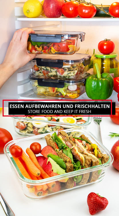 edallo NEW TRITAN - 3 large food storage containers with TRITAN lids & premium glass - airtight, leak-proof. Dishwasher, freezer, oven, microwave safe - storage container set - 3x 1040ml (1L)