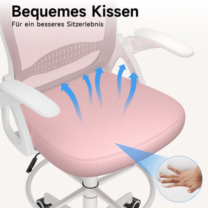 Naspaluro office chair with footrest ring, ergonomic desk chair with breathable mesh, foldable armrests, height adjustable, computer chair, lightweight, 360° swivel chair Pink.