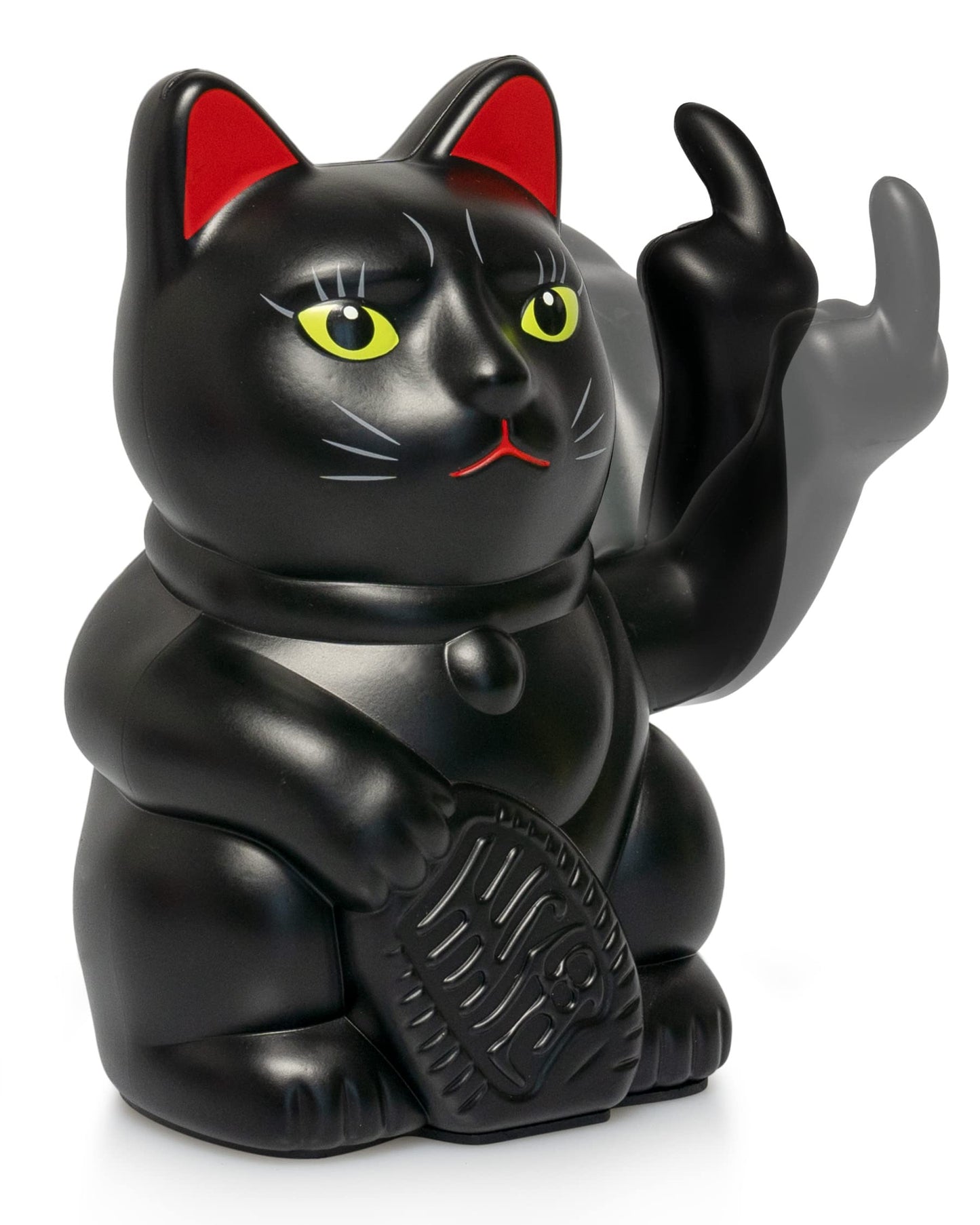ANGRY CAT - Lucky CAT - Funny waving cat - Japanese waving cat with middle finger - Decorative wobble figure cat - Waving arm with middle finger - 15cm - BLACK-MATT