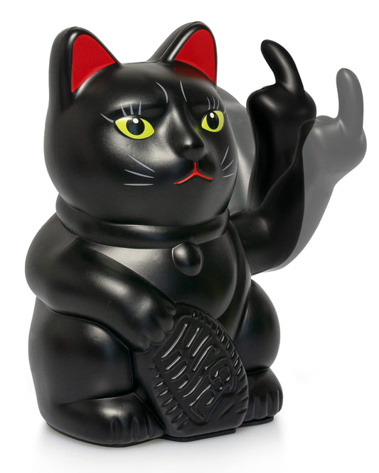 ANGRY CAT - Lucky CAT - Funny waving cat - Japanese waving cat with middle finger - Decorative wobble figure cat - Waving arm with middle finger - 15cm - BLACK-MATT