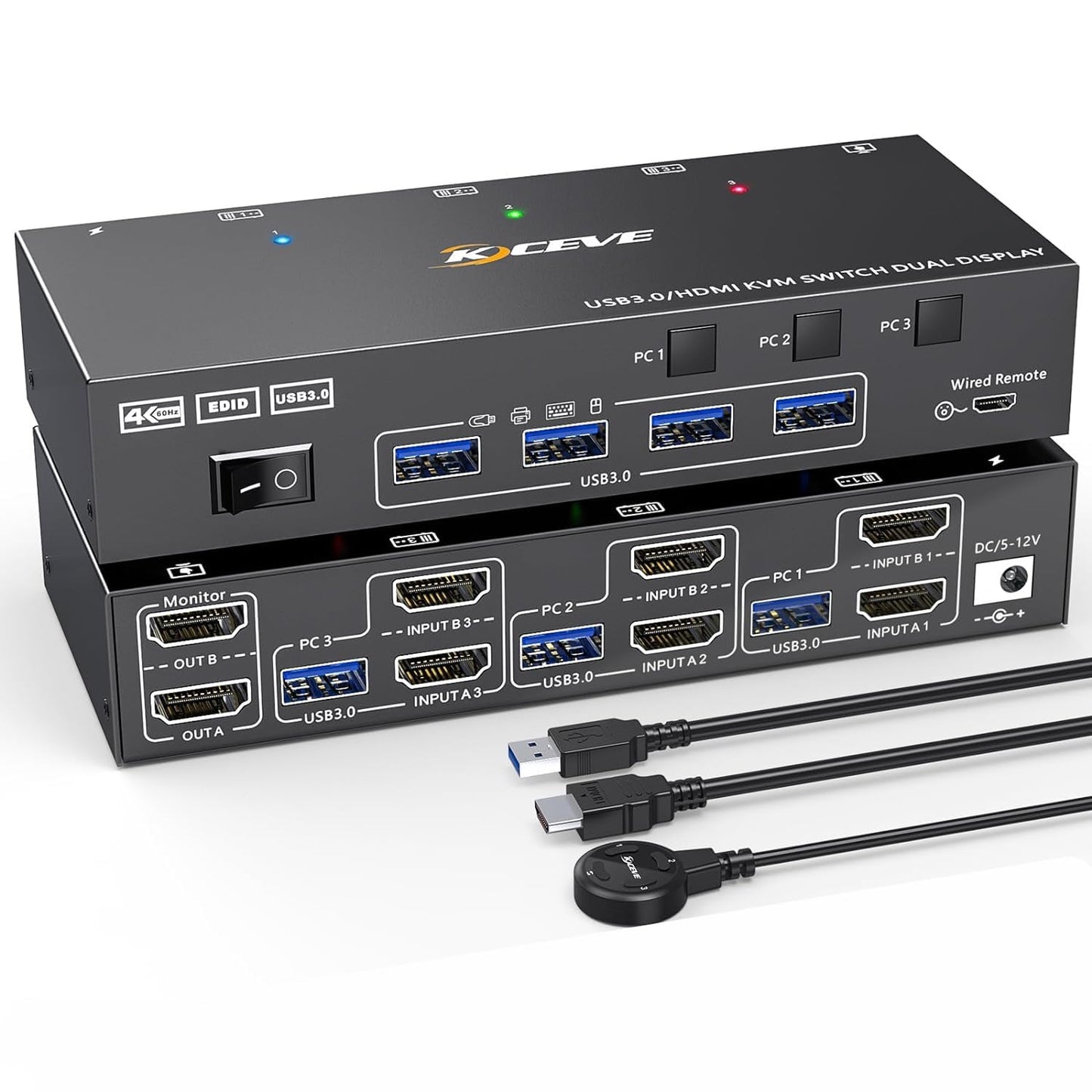 KVM Switch 3 Computer 2 Monitor, KCEVE 4K@60Hz Dual Monitor USB 3.0 HDMI KVM Switch with EDID Emulator, supports Copy and Extended Display, for 3 computers sharing 2 displays.