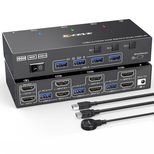 KVM Switch 3 Computer 2 Monitor, KCEVE 4K@60Hz Dual Monitor USB 3.0 HDMI KVM Switch with EDID Emulator, supports Copy and Extended Display, for 3 computers sharing 2 displays.